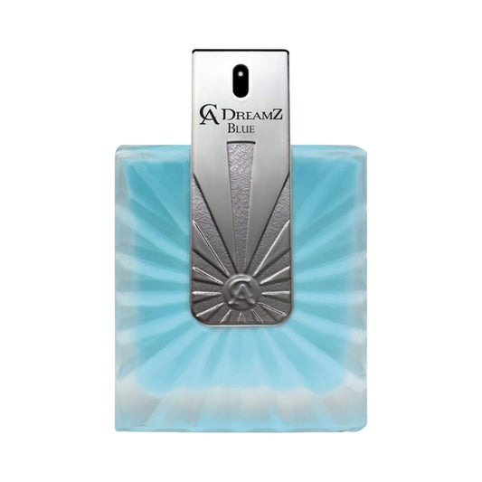 A Dreamz Blue perfume bottle with a light blue sunburst pattern and a metallic silver central column featuring the brand name.