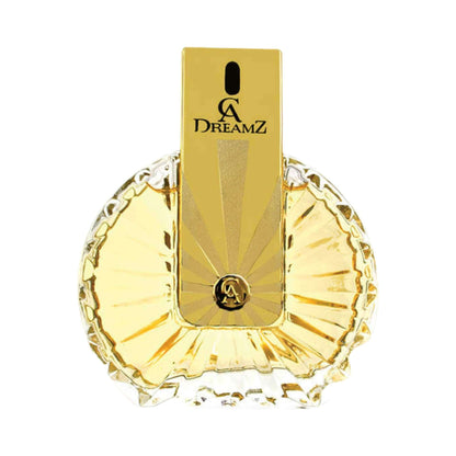Chris Adams Dreamz perfume bottle with a gold rectangular atomizer cap and a faceted clear glass bottle, shown on a white background.