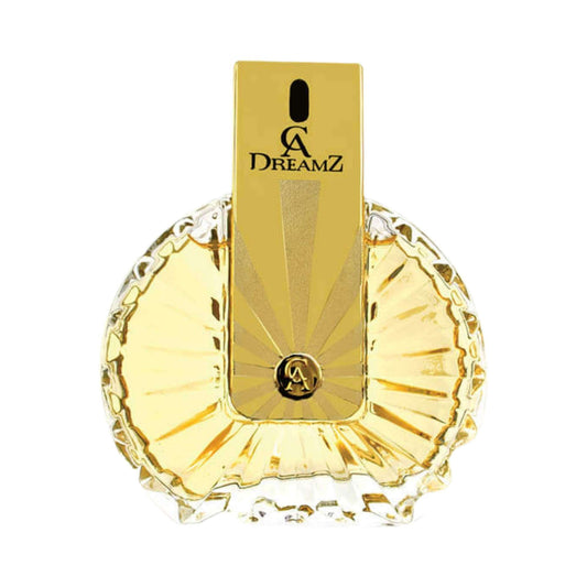 Chris Adams Dreamz perfume bottle with a gold rectangular atomizer cap and a faceted clear glass bottle, shown on a white background.