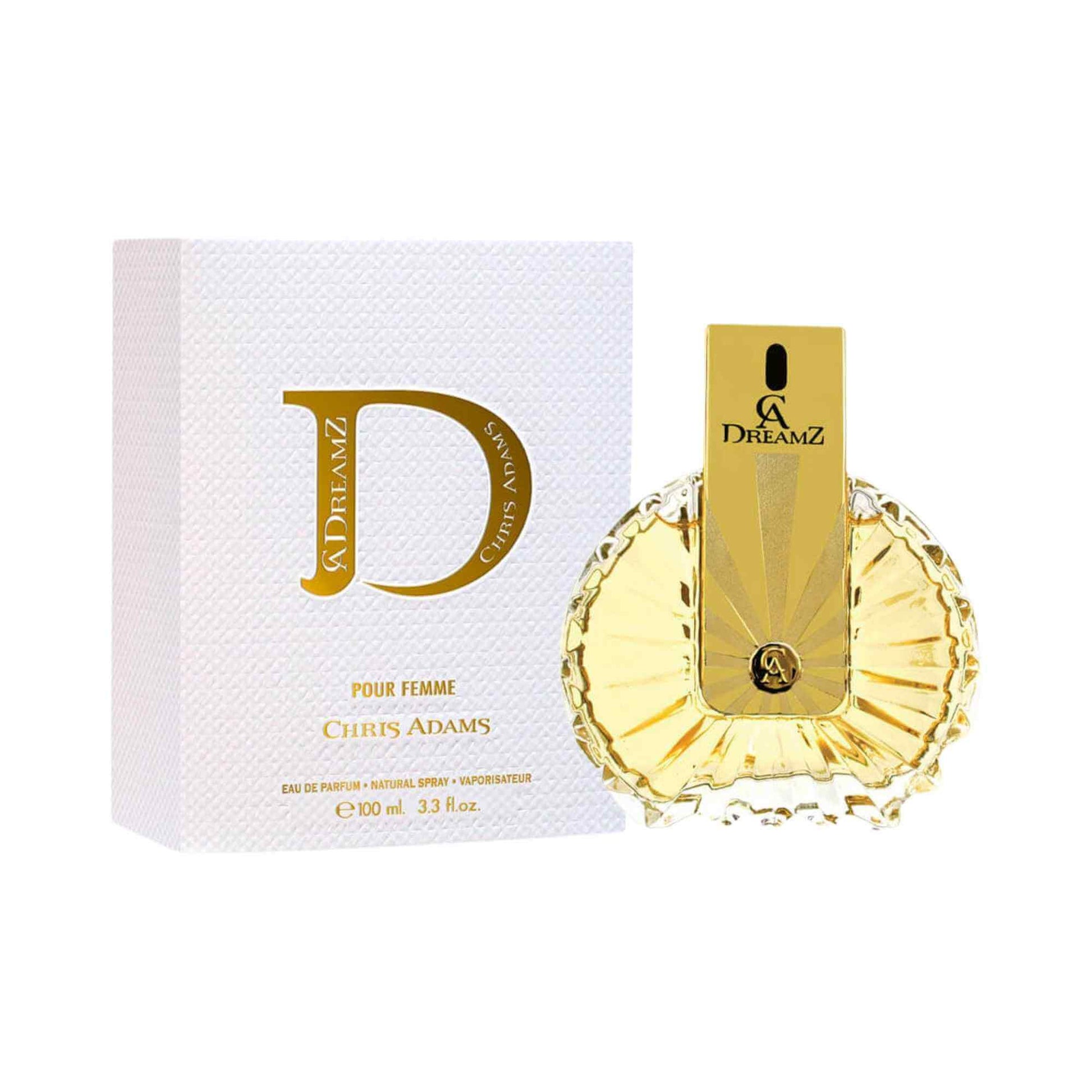 Chris Adams DreamZ Pour Femme Eau de Parfum 100ml bottle with its white and gold packaging box, shown on a plain white background.