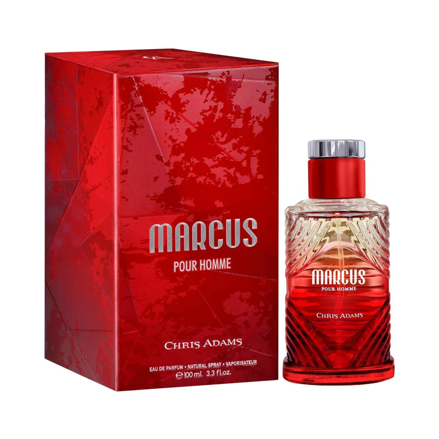 Marcus eau de parfum by Chris Adams, featuring a red textured box and a matching red faceted glass bottle with a silver cap on a white background.