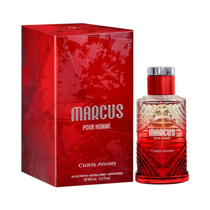 Marcus eau de parfum by Chris Adams, featuring a red textured box and a matching red faceted glass bottle with a silver cap on a white background.