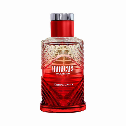 A bottle of Marcus Pour Homme cologne by Chris Adams, featuring a textured red glass bottle with a silver cap, set against a plain white background.