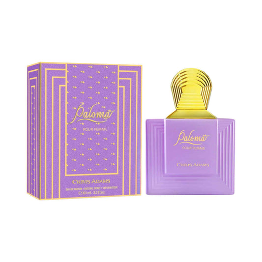 Chris Adams Paloma perfume bottle and matching box, both in lavender purple with gold detailing and a gold cap, on a white background.