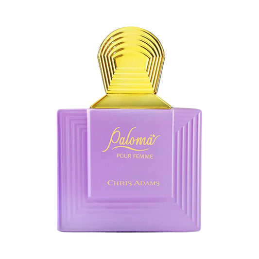 Chris Adams Paloma perfume bottle in lavender purple with a gold cap, shown on a plain white background.