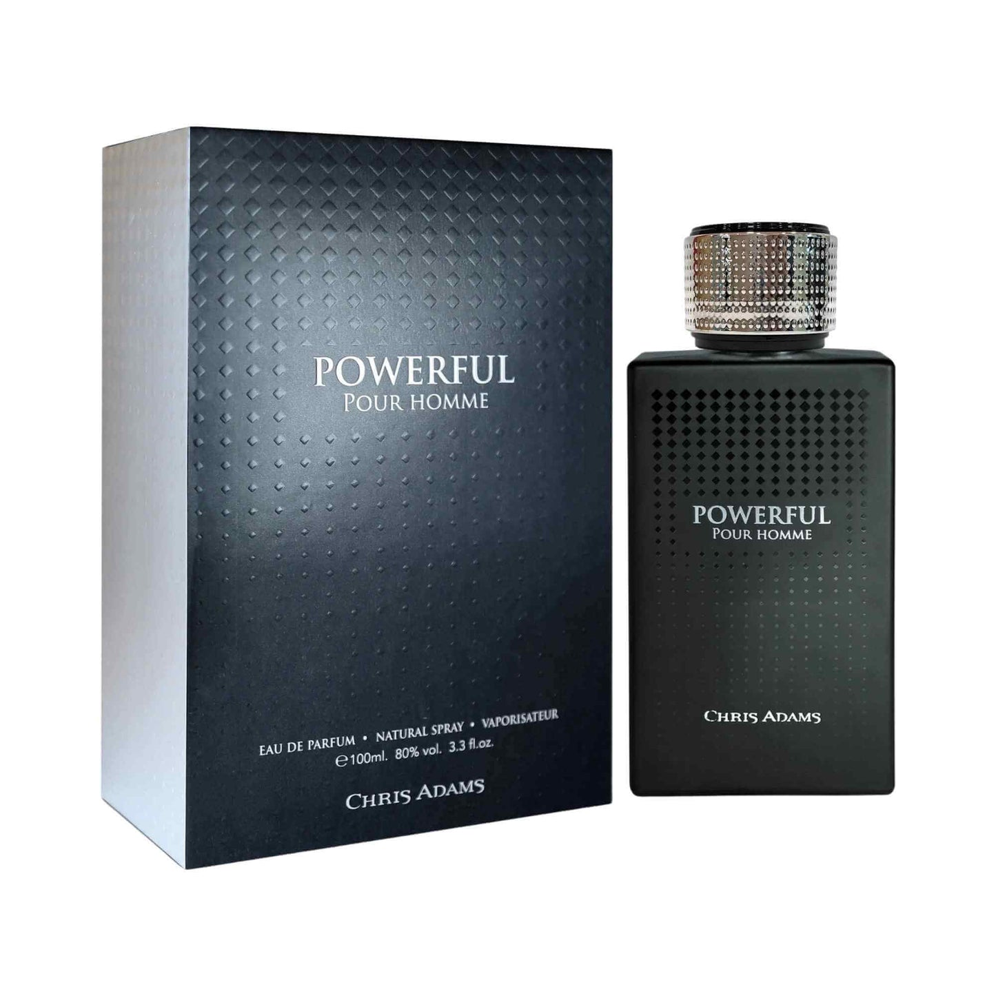 Perfume bottle and packaging of 'Powerful Pour Homme' by Chris Adams on a white background