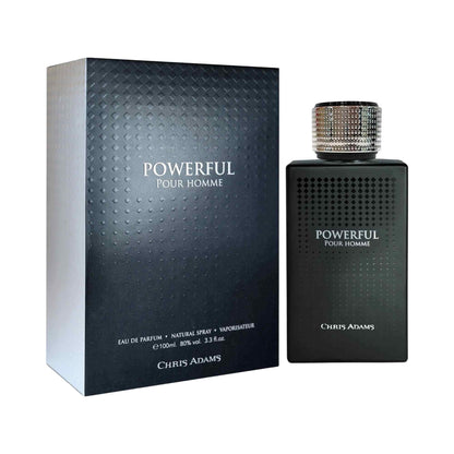 Perfume bottle and packaging of 'Powerful Pour Homme' by Chris Adams on a white background