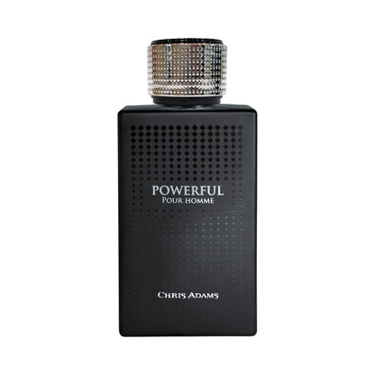 Black perfume bottle labeled 'Powerful Pour Homme' by Chris Adams on a white background