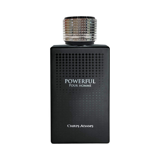 Black perfume bottle labeled 'Powerful Pour Homme' by Chris Adams on a white background
