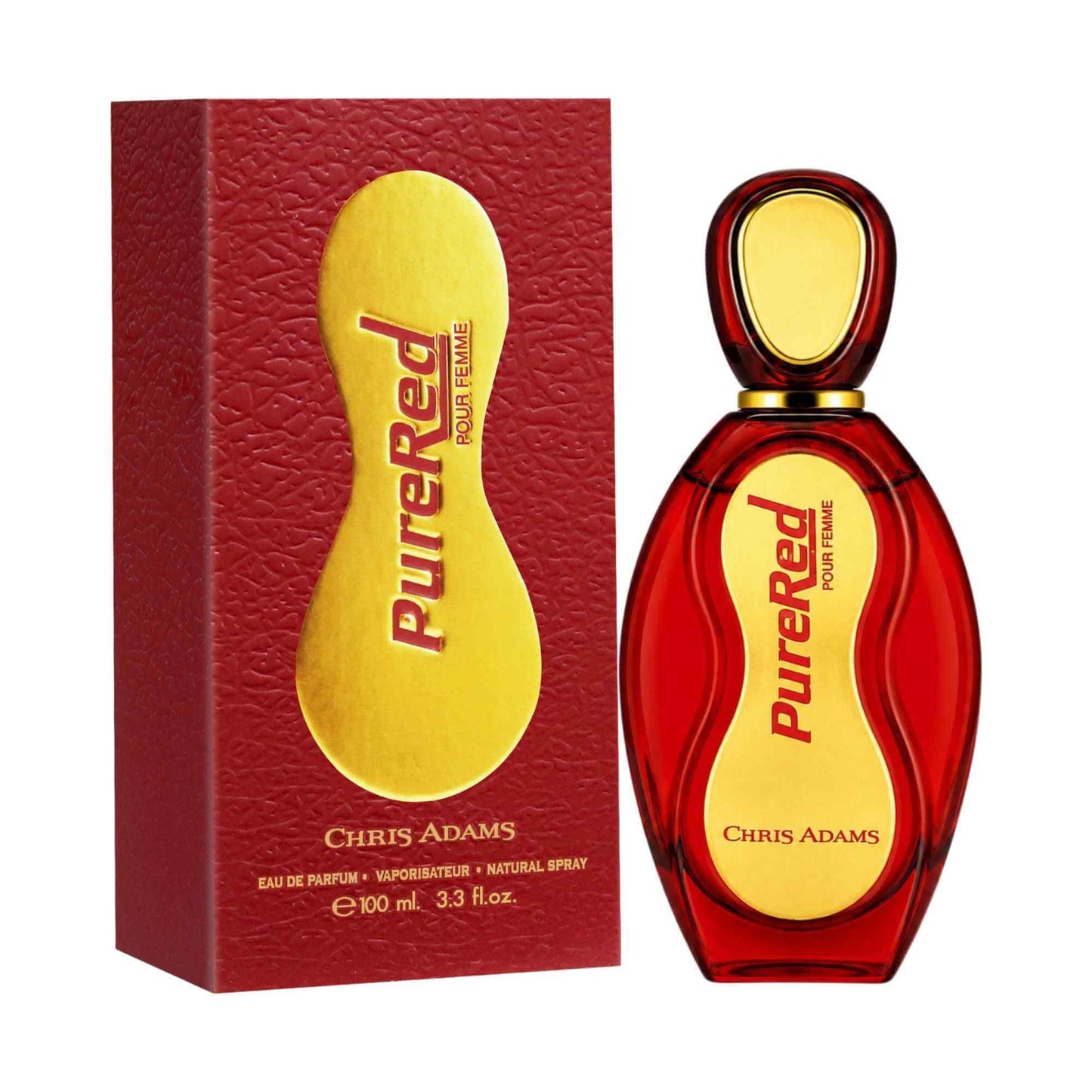 Chris Adams Pure Red perfume bottle and its red textured packaging box, both featuring a prominent gold logo on a white background.
