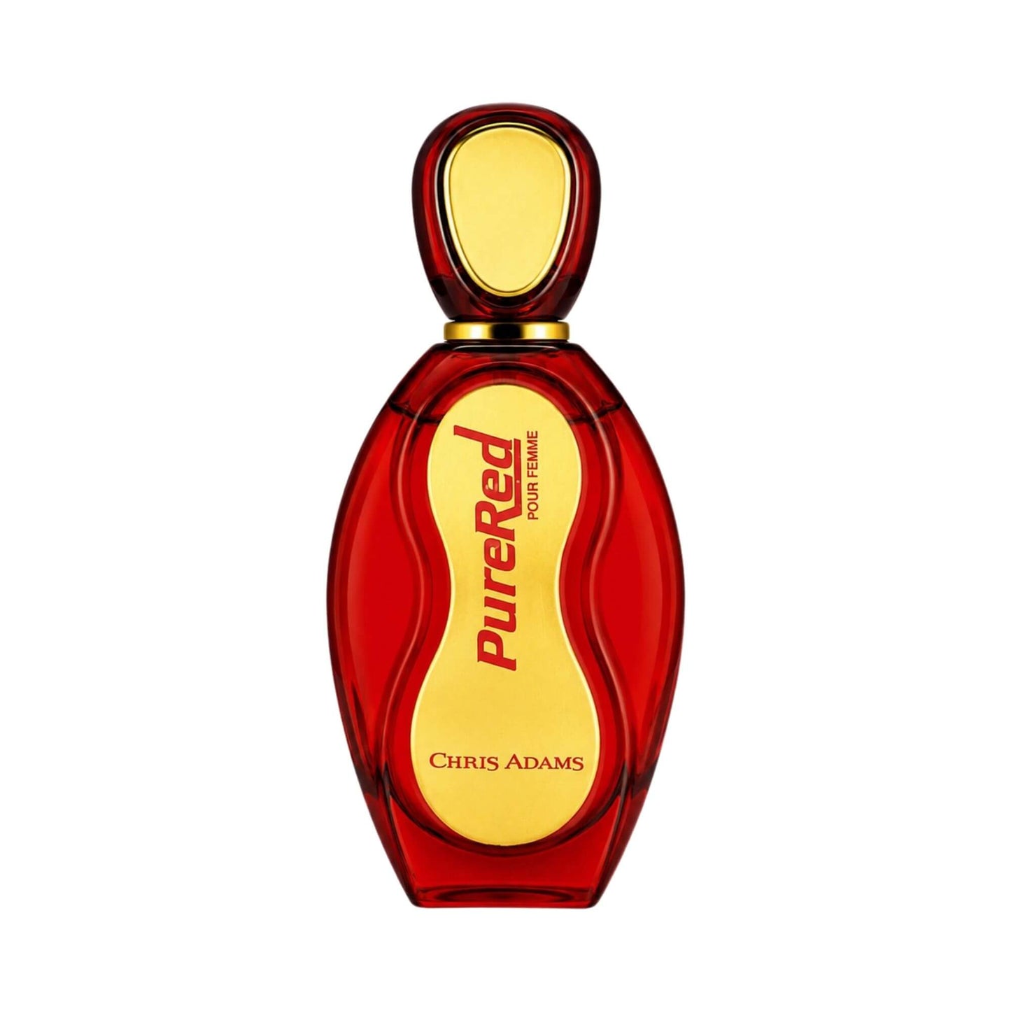 A bottle of Chris Adams Pure Red Eau de Parfum with a translucent red body and a gold cap, set against a plain white background.