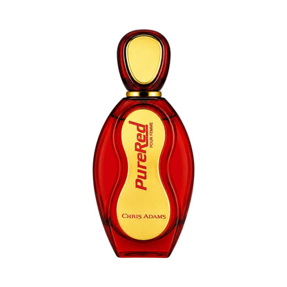 A bottle of Chris Adams Pure Red Eau de Parfum with a translucent red body and a gold cap, set against a plain white background.