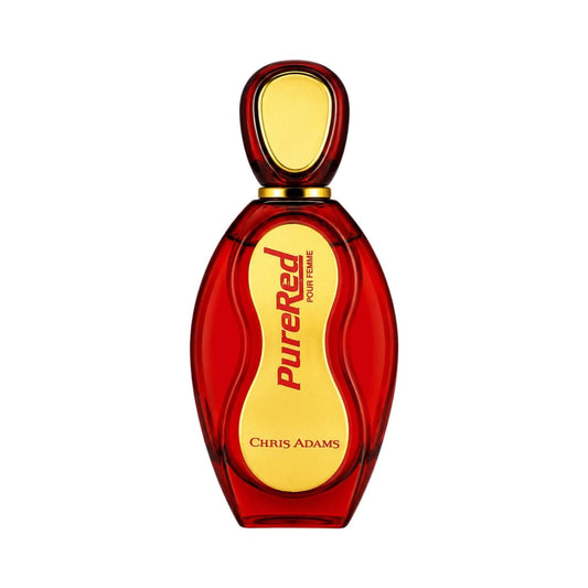 A bottle of Chris Adams Pure Red Eau de Parfum with a translucent red body and a gold cap, set against a plain white background.
