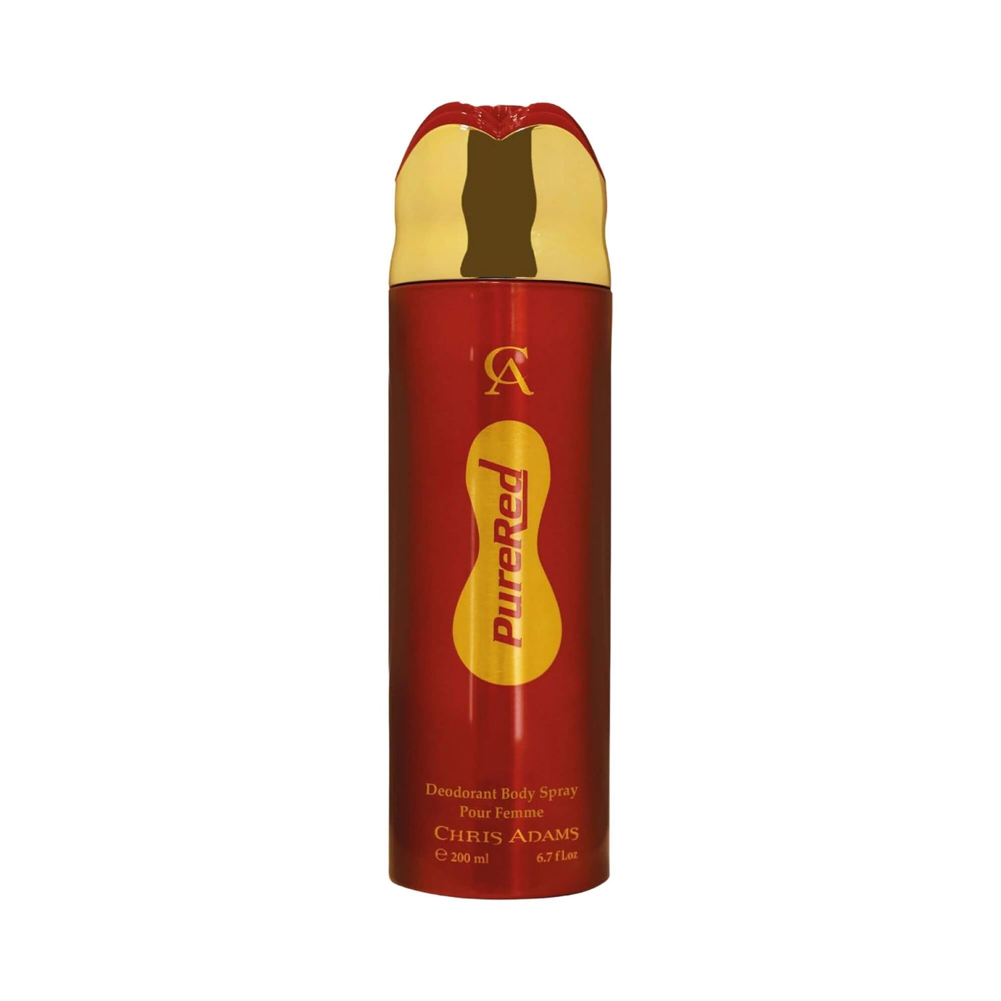 A red and gold can of Chris Adams Pure Red Deodorant Body Spray on a plain white background.