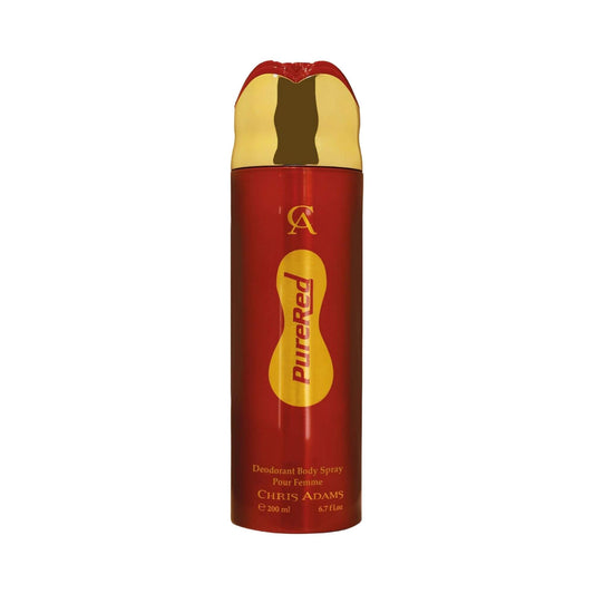 A red and gold can of Chris Adams Pure Red Deodorant Body Spray on a plain white background.