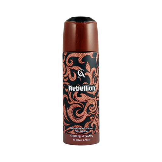 Brown deodorant body spray bottle with decorative label on a white background.