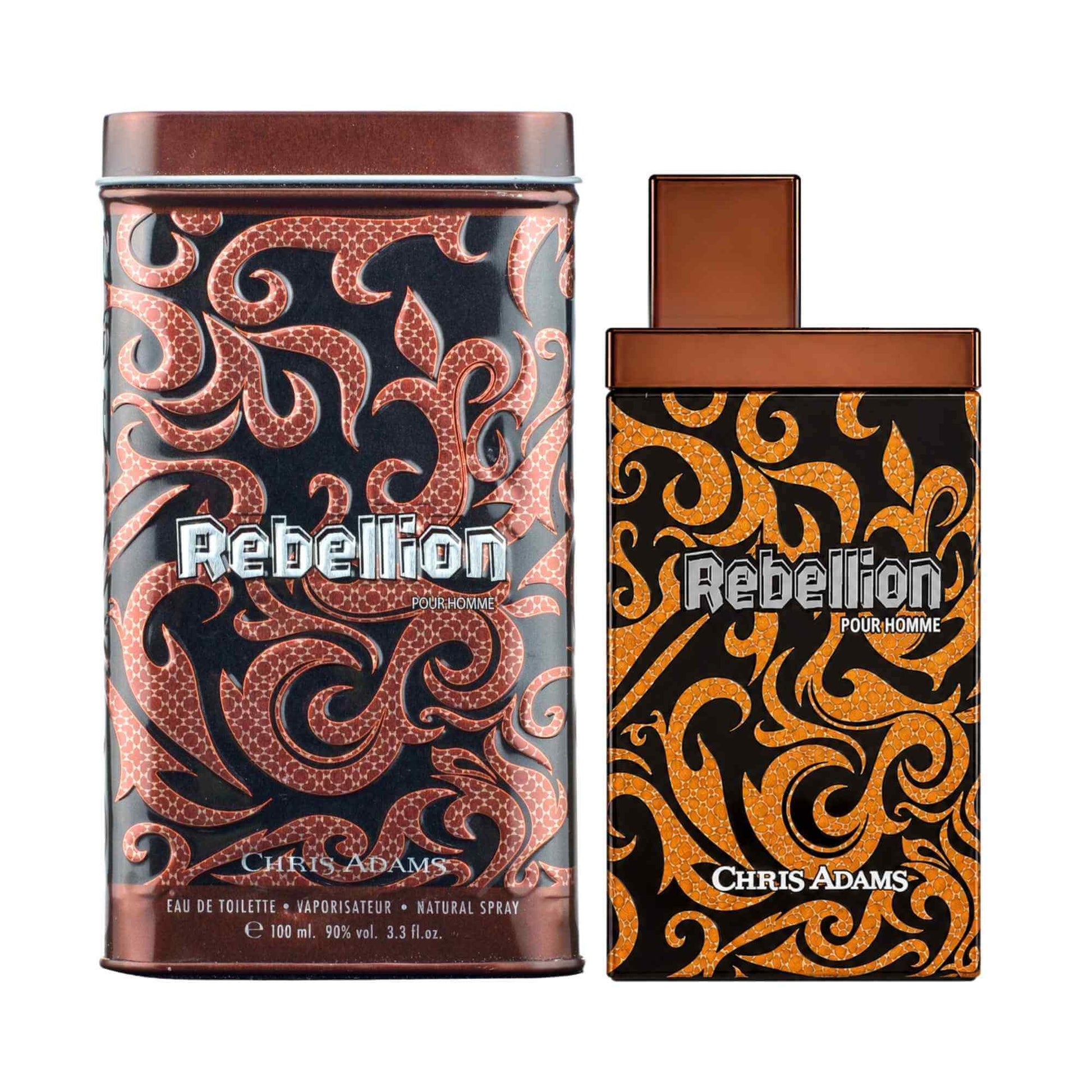 Chris Adams Rebellion Eau de Toilette set featuring a cylindrical tin and a rectangular bottle, both decorated with a black background and ornate swirling pattern in copper/bronze and gold, with white 'Rebellion' text.