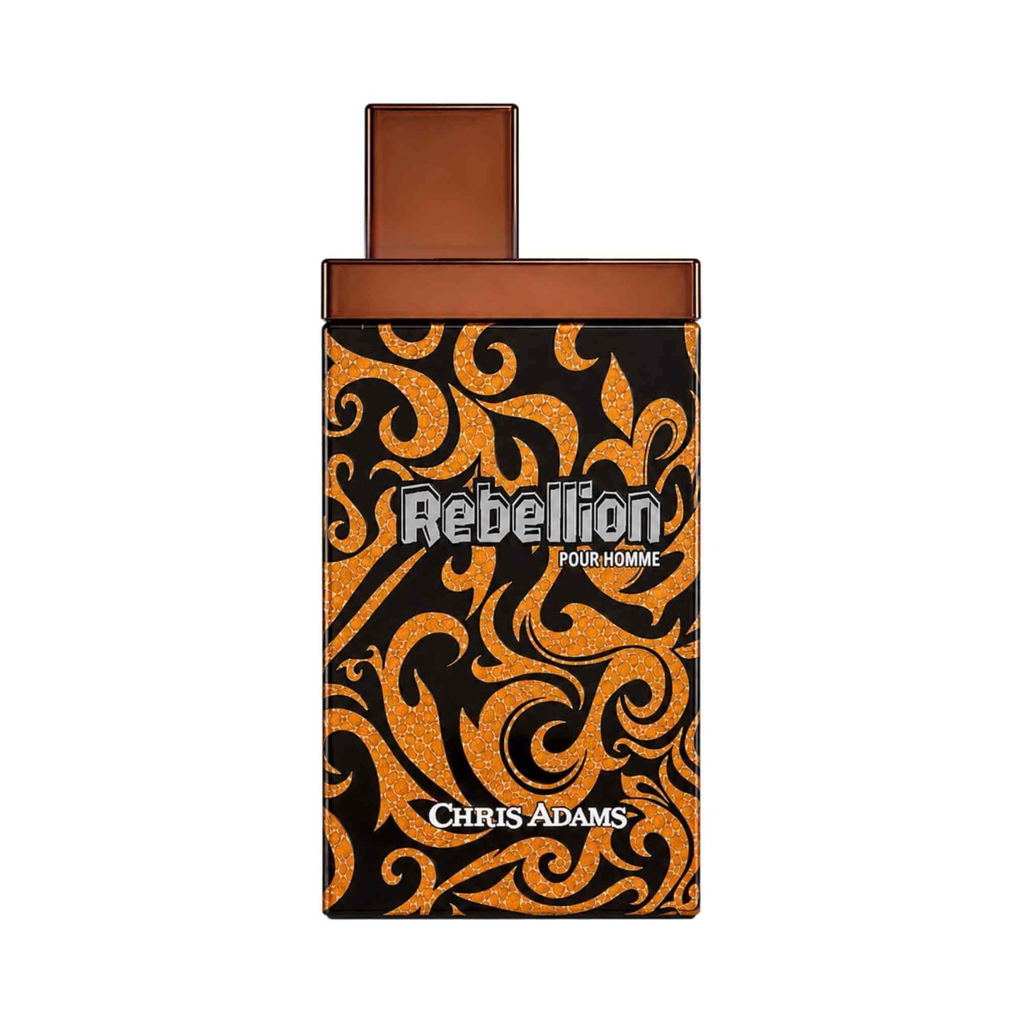 Chris Adams Rebellion Pour Homme perfume bottle with a black and orange patterned body and a brown cap, shown on a white background.