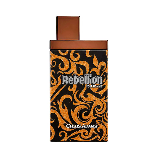 Chris Adams Rebellion Pour Homme perfume bottle with a black and orange patterned body and a brown cap, shown on a white background.