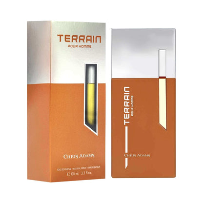 Terrain Pour Homme eau de parfum by Chris Adams, shown with its orange and silver packaging box and the matching rectangular spray bottle.