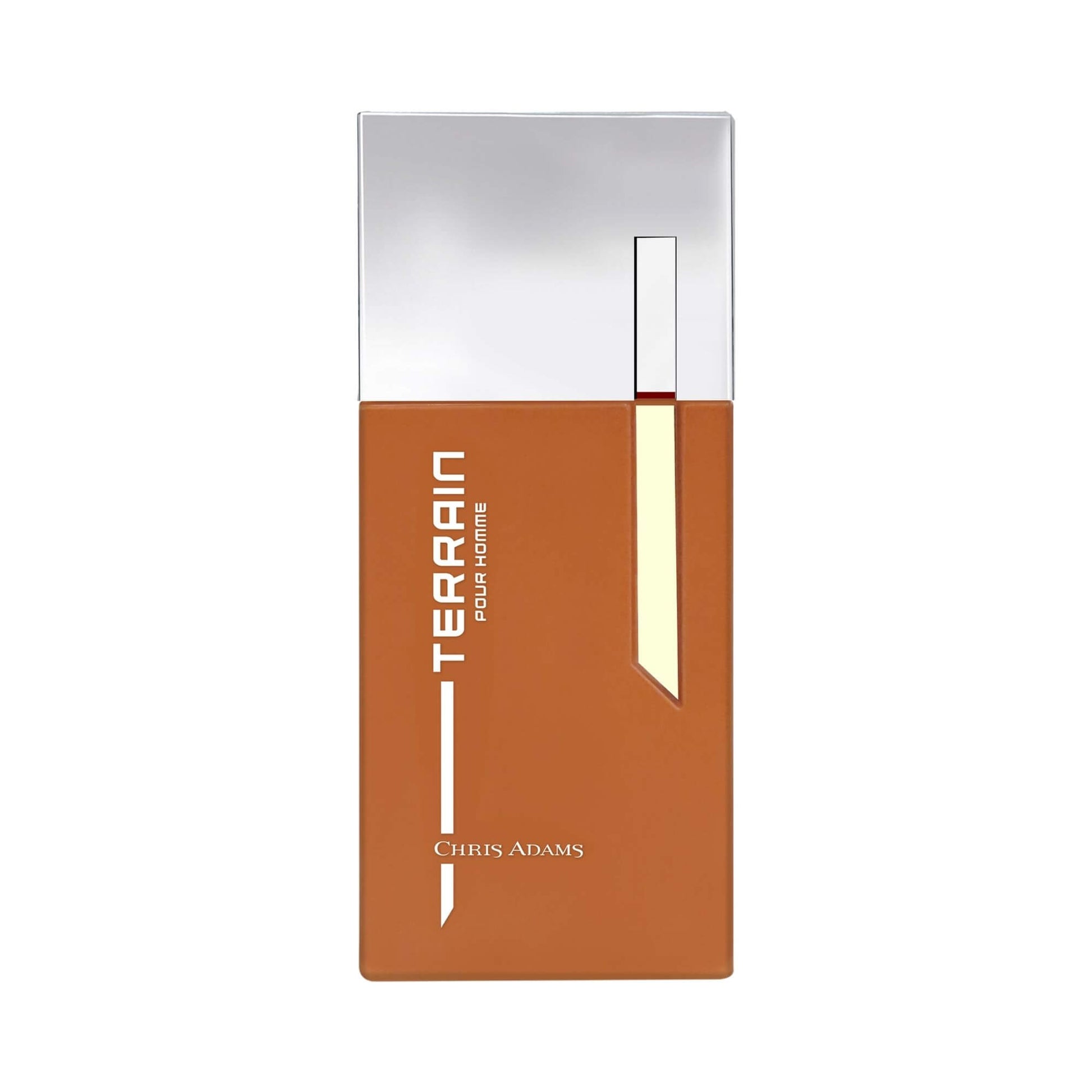 TERRAIN pour Homme eau de parfum bottle by Chris Adams, featuring a terracotta brown lower half and a reflective silver upper half, with a vertical cream accent.