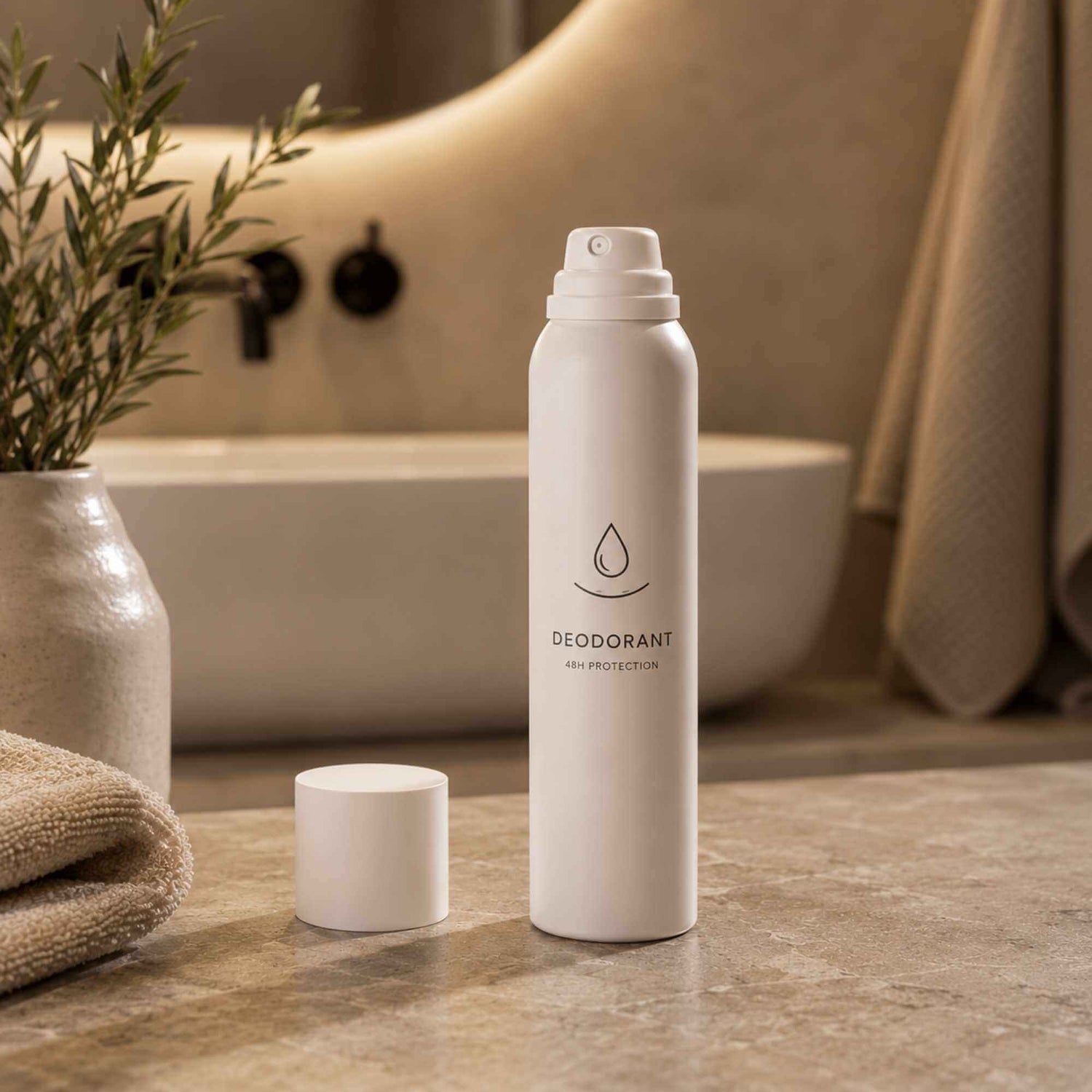 Deodorant on counter beside a plant with sink and mirror in the background.