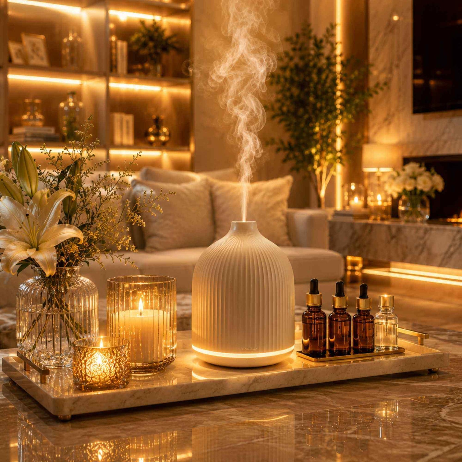Decorative setup with a diffuser, candles, and bottles on a marble tray in a cozy living room.