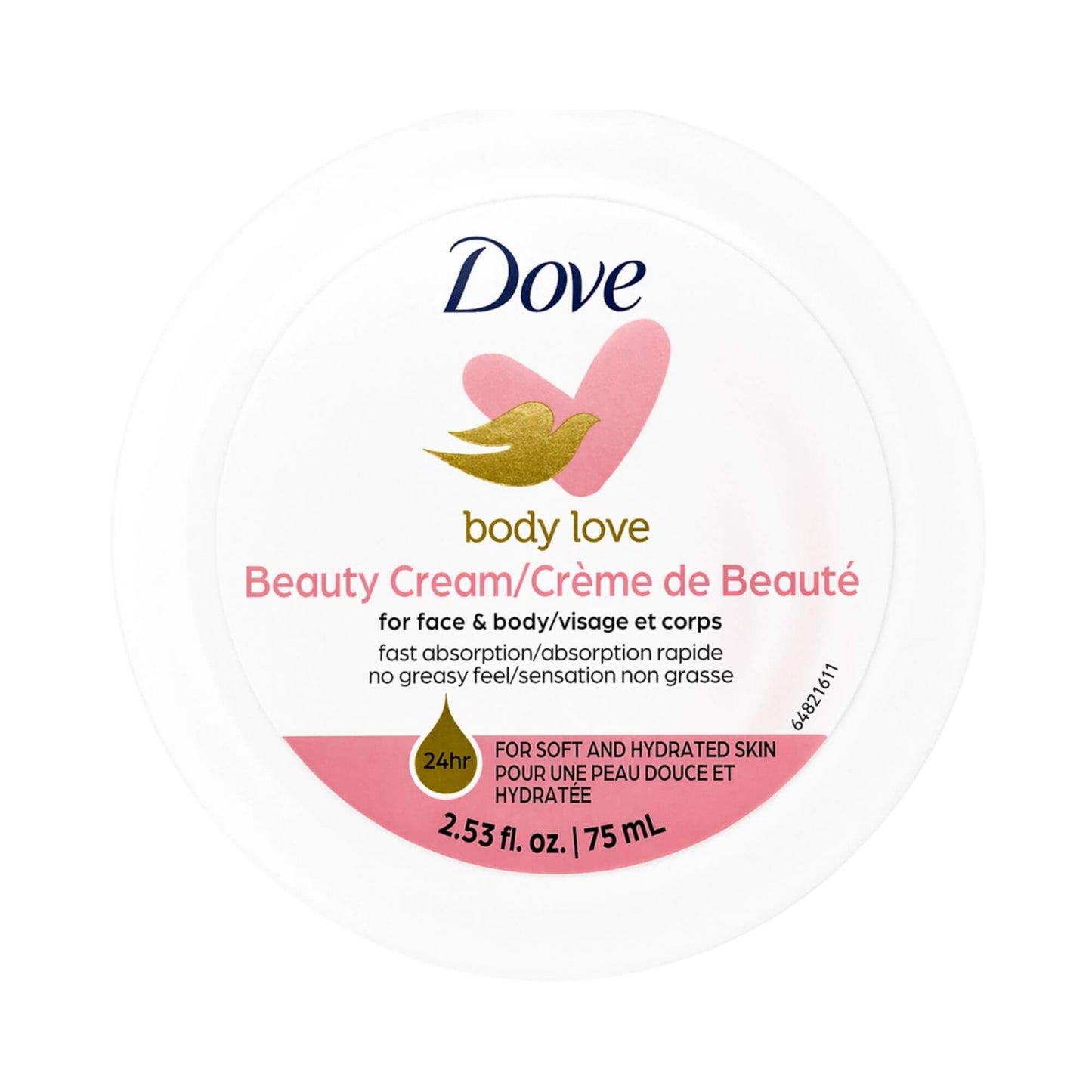 Dove body love beauty cream container with pink and white design. Amani Manor
