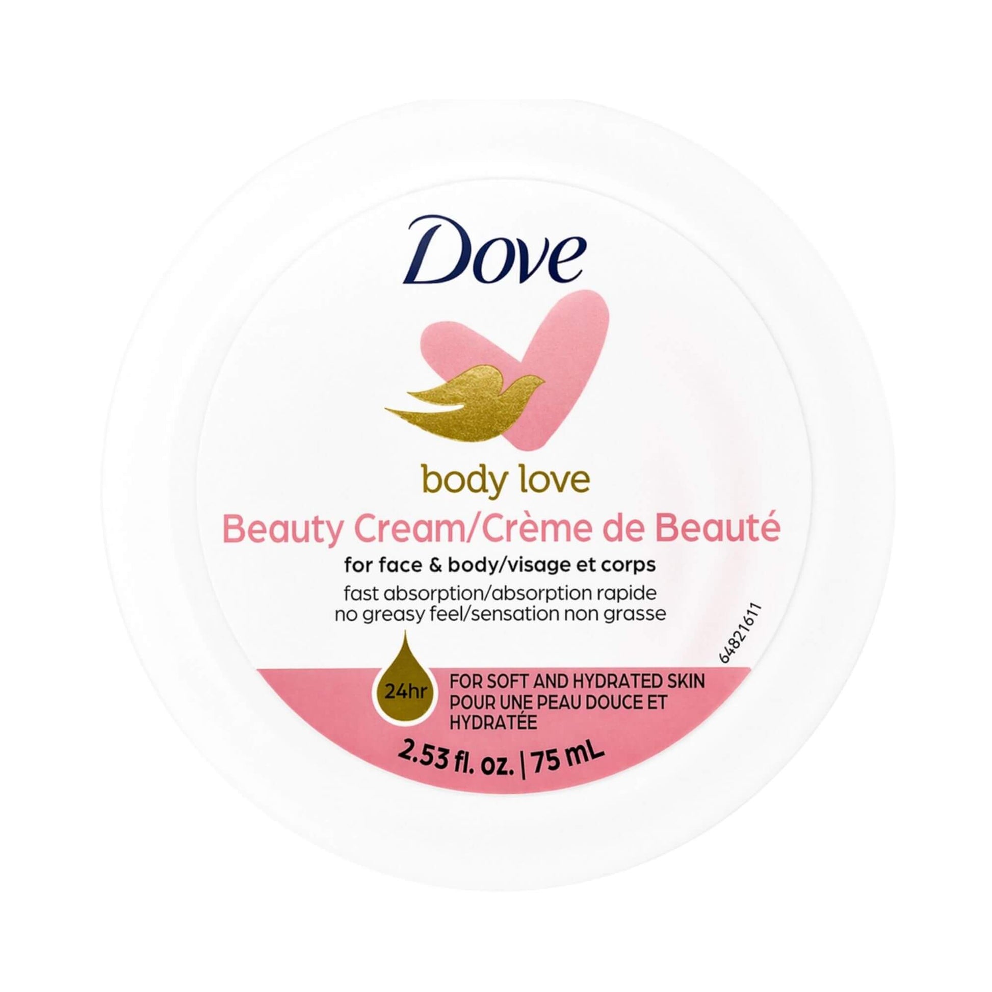 Dove body love beauty cream container with pink and white design. Amani Manor