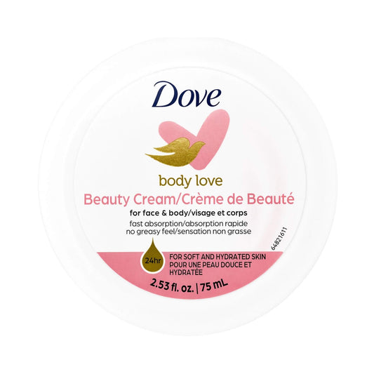 Dove body love beauty cream container with pink and white design. Amani Manor