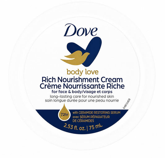 Dove body love Rich Nourishment Cream label on a white background. Amani Manor
