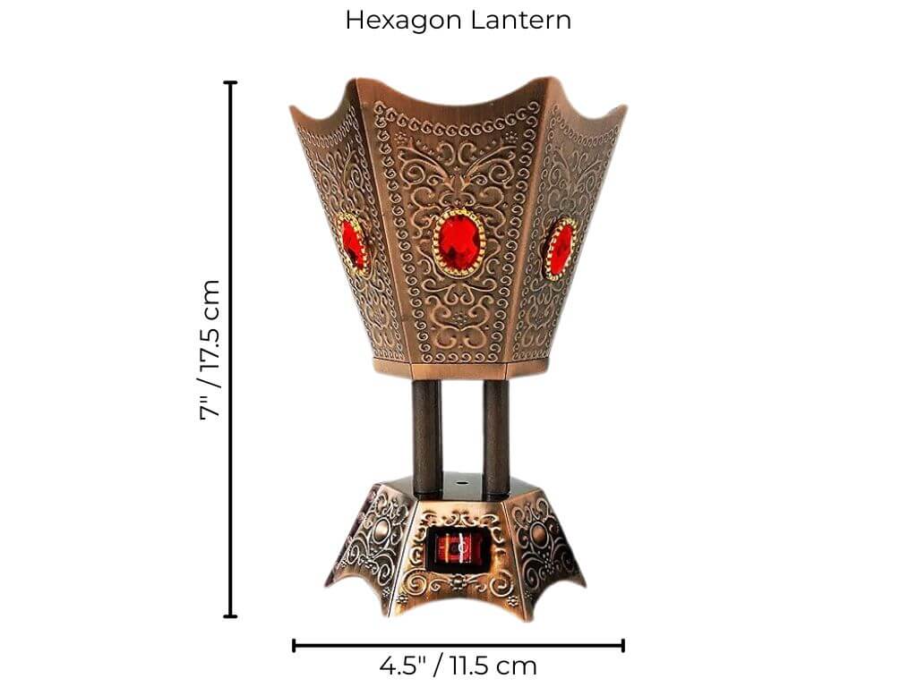 Bronze hexagon lantern bakhoor burner with decorative patterns and red accents, shown with measurements on a white background.
