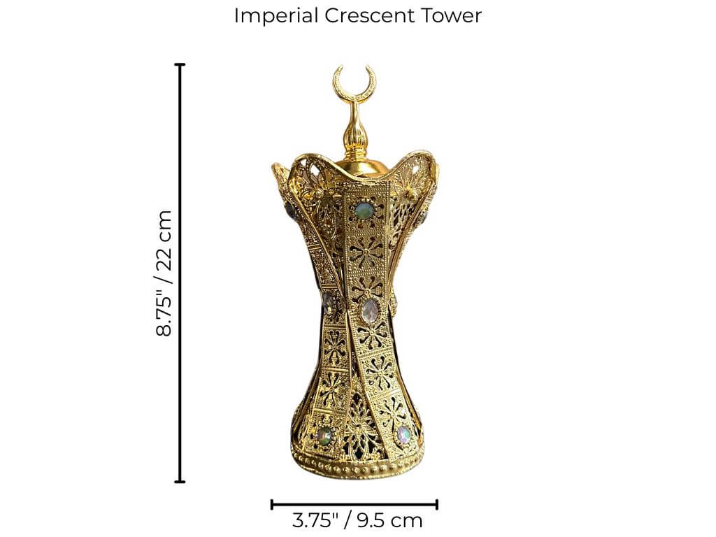 Decorative gold bakhoor burner with intricate designs and measurements on a white background