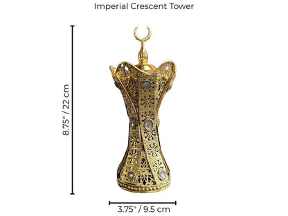 Decorative gold bakhoor burner with intricate designs and measurements on a white background