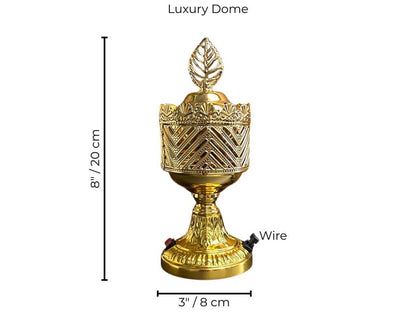 Decorative gold bakhoor burner with measurements on a white background