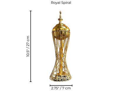 Gold spiral bakhoor burner with measurements on a white background