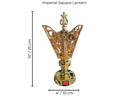 Gold bakhoor burner with dimensions on a white background.