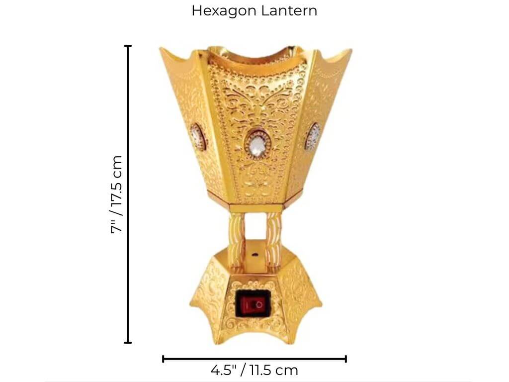 Gold hexagon bakhoor burner with dimensions on a white background