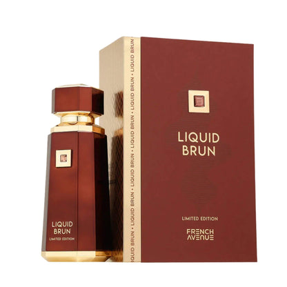 Perfume bottle and packaging of 'Liquid Brun Limited Edition' by French Avenue on a white background.