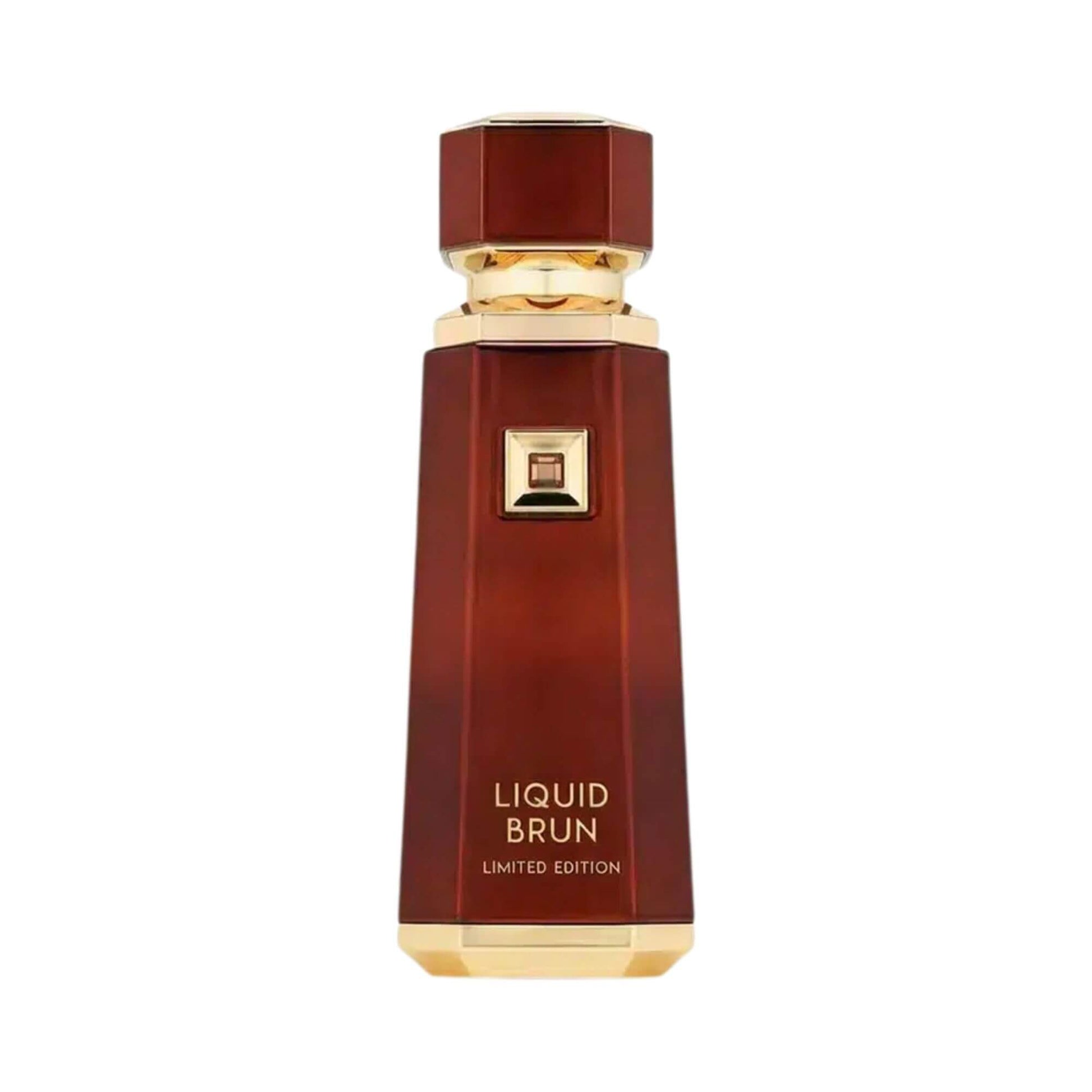 Brown and gold French Avenue perfume bottle labeled 'Liquid Brun Limited Edition' on a white background.