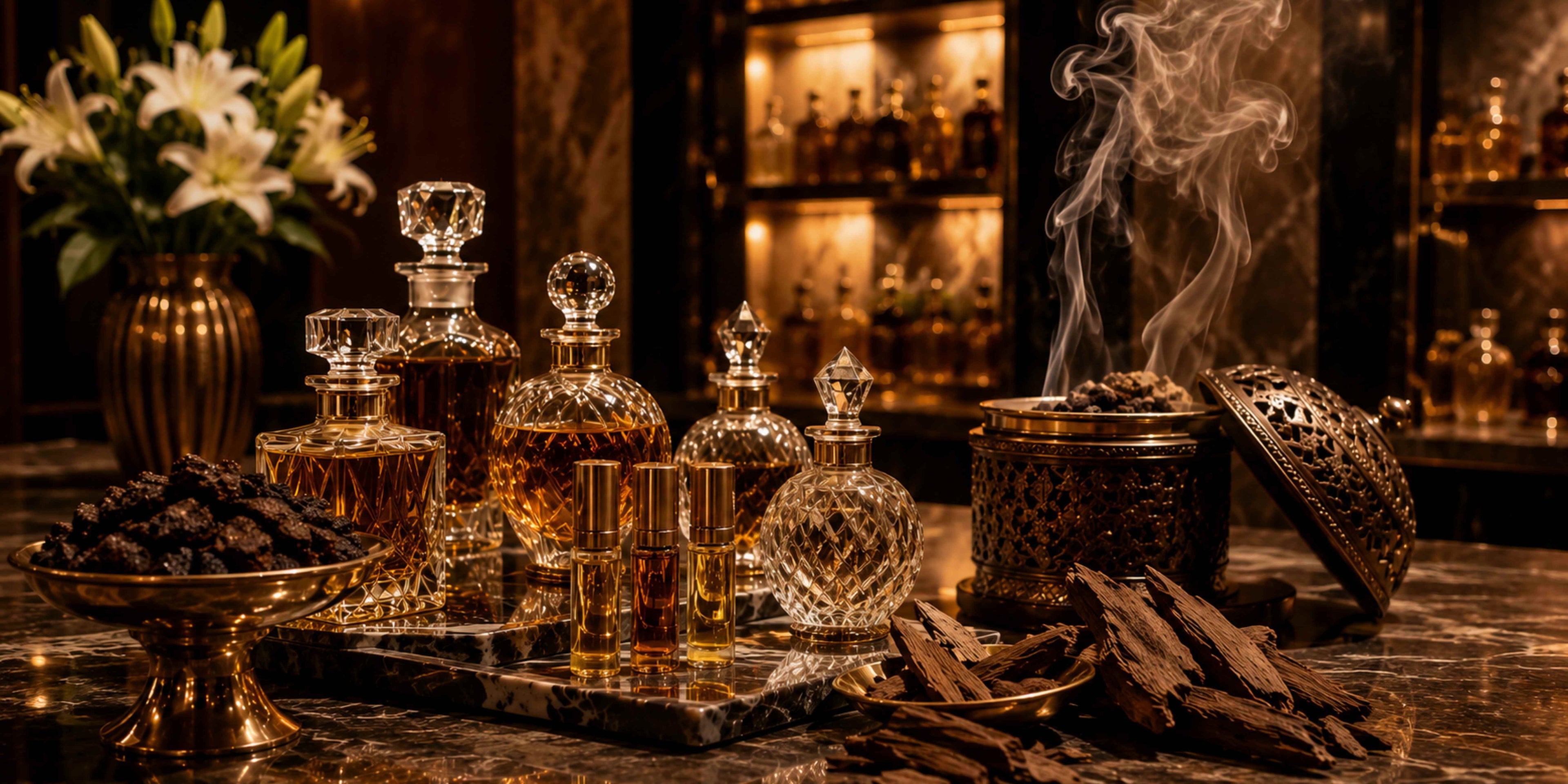 Decorative setup with glass bottles, incense, and flowers on a wooden surface.