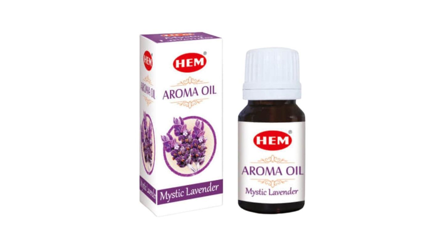 HEM Aroma Oil bottle and box with lavender design on a white background