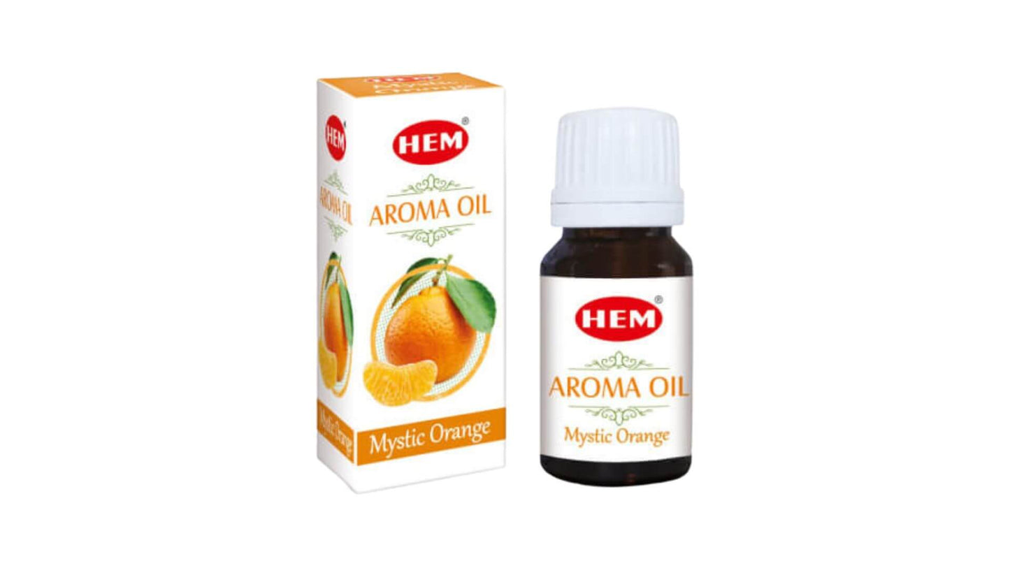 Hem Aroma Oil Mystic Orange packaging and bottle on a white background