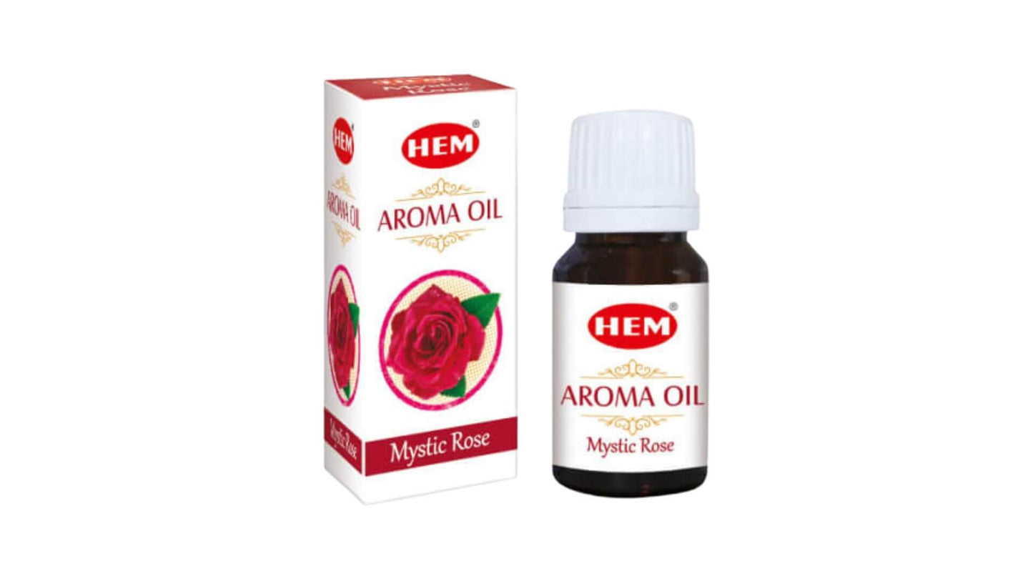 HEM Aroma Oil Mystic Rose packaging and bottle on a white background