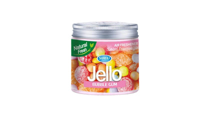 Jello bubble gum air freshener canister with colorful gummy candies on a white background