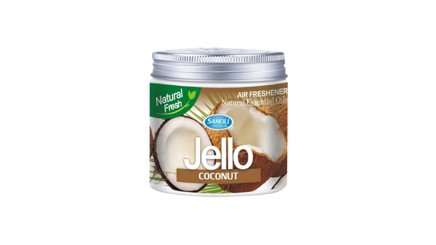Jello air freshener can with a coconut on the label against a white background