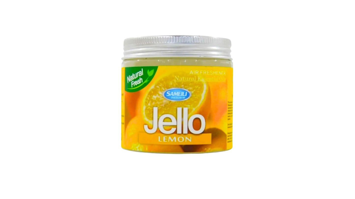 Jello air freshener can with a lemon on the label against a white background
