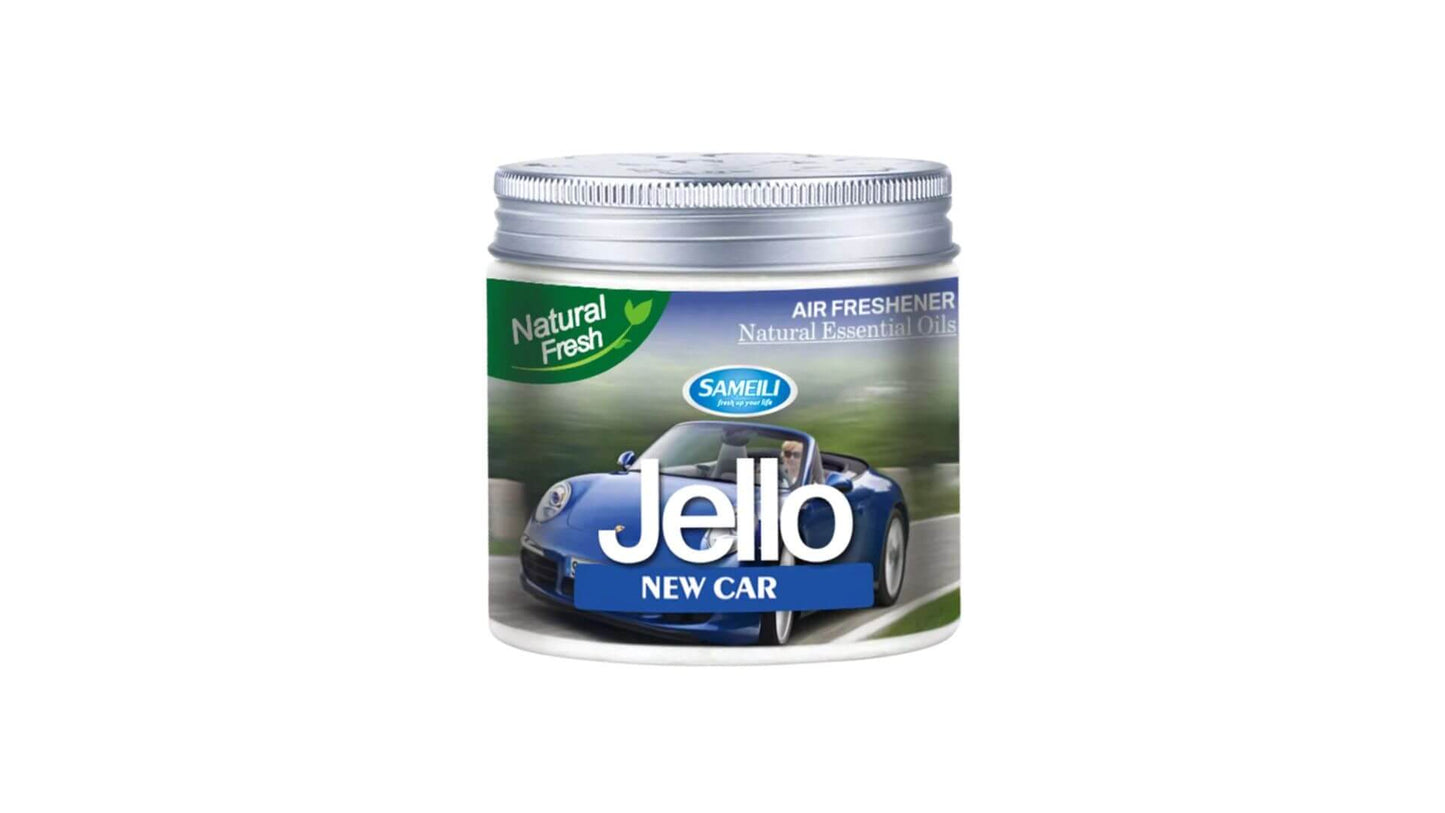 Jello air freshener can with a car on the label against a white background