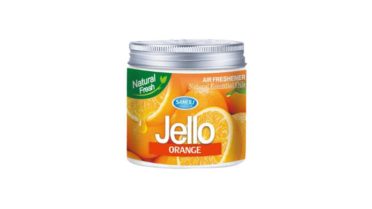 Jello Orange air freshener canister with orange slices on a white background