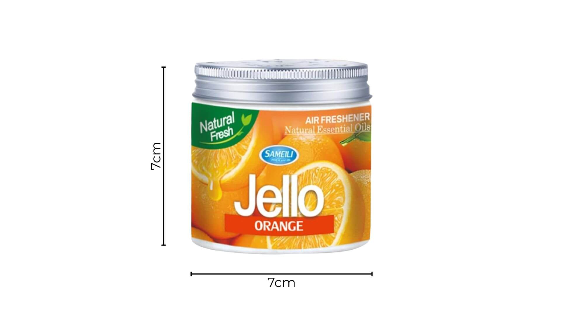 Jello Orange air freshener can with dimensions on a white background